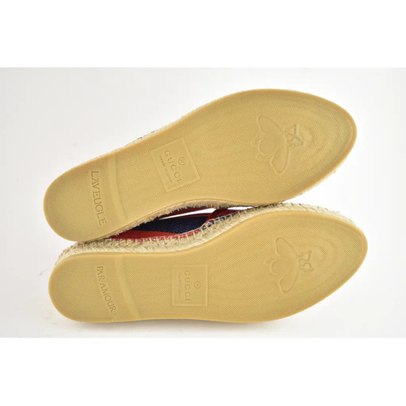 Gucci Sylvie Canvas Leather Red White Blue Logo Stripe Flat Espadrille 34.5 - Picture 11 of 11